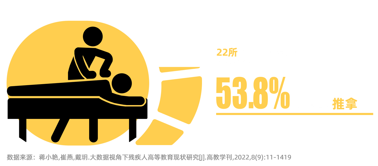 22所单招单考院校针对视障者的招生中，53.8%的专业设置和推拿有关